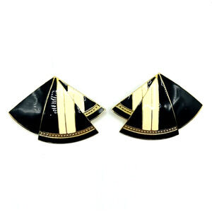 Vintage 1980's L. BOTT Postmodern Art Deco Black Cream Enamel Clip on Earrings